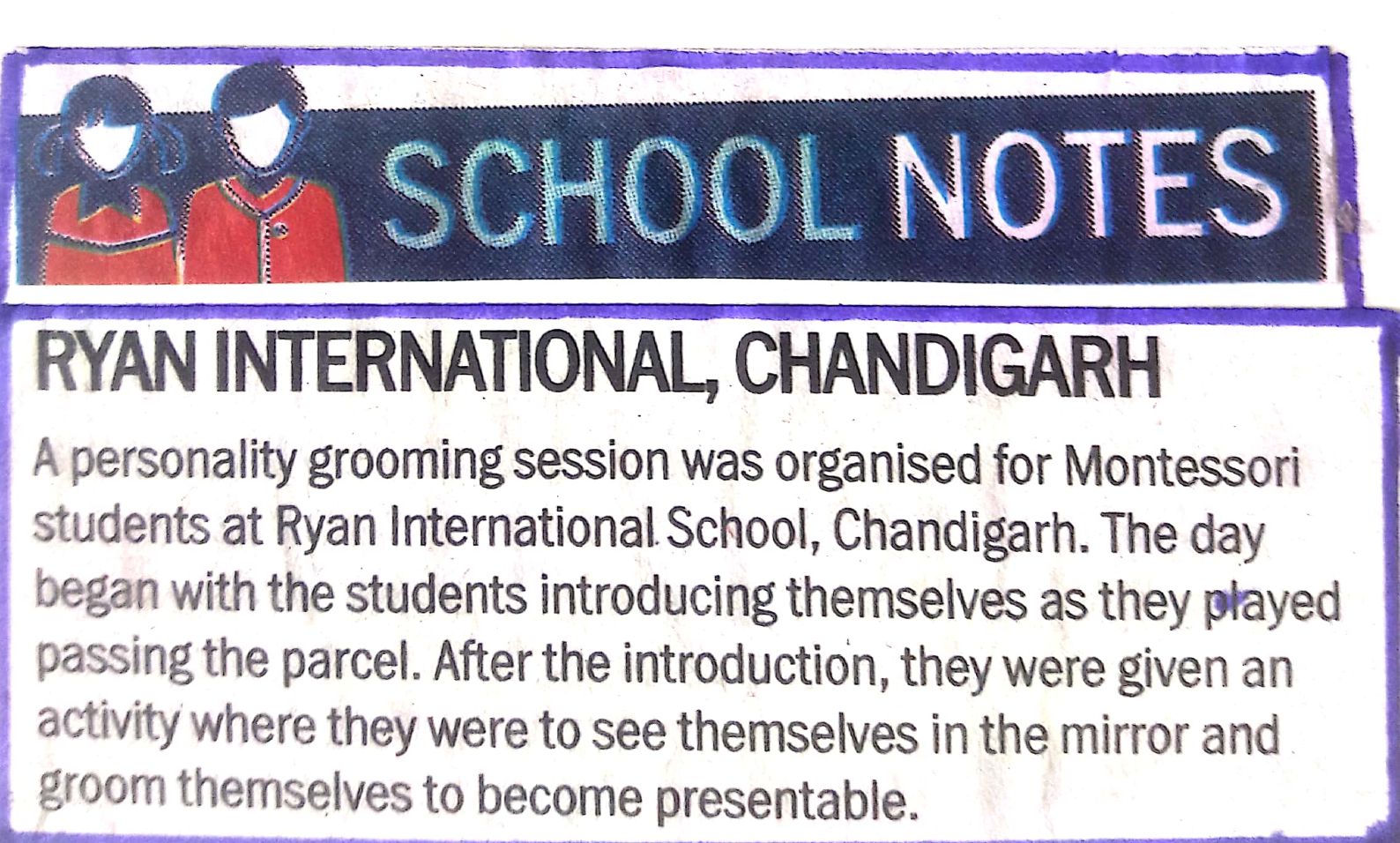 Personality Grooming Session was featured in The Times of India - Ryan International School, Chandigarh